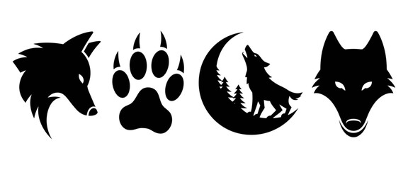 Wolf head, howling wolf on moon, stylized wolf profile, and wolf paw print silhouettes collection set in vector format, ideal for logos and branding.