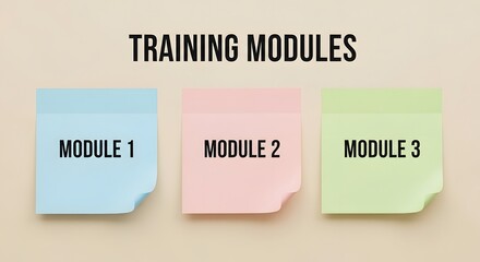 Boost employee skills with these vibrant training module concepts displayed on sticky notes perfect for onboarding, skill enhancement, and staff development