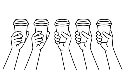 Stylized line art of five diverse hands holding individual disposable coffee cups, depicting a shared coffee moment, teamwork, or a group break.