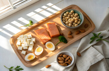 Nutritious Composition: A meticulously arranged assortment of essential ingredients, including salmon, eggs, nuts, and soybeans, presented on a wooden board, all bathed in natural light.