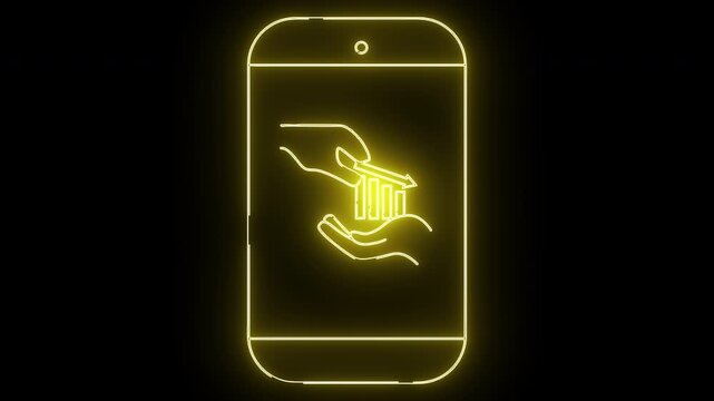 Yellow neon cellphone outline displays hands exchanging a bar graph with a downward arrow