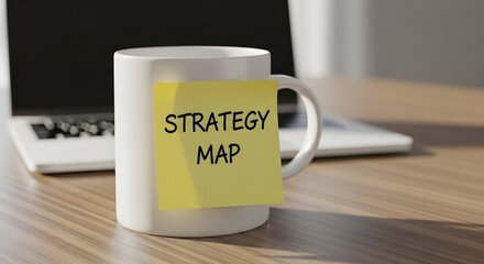 Plan your success with this Strategy Map on a coffee mug next to a laptop, perfect for brainstorming and goal setting in a modern office environment