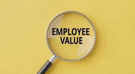 Employee value under scrutiny with magnifying glass on bright yellow background, highlighting importance of talent and workplace culture for success