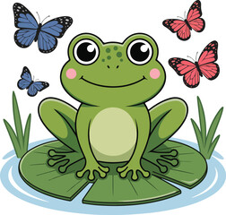 Cute cartoon frog vector illustration sitting on a green lily pad in a pond with four colorful butterflies