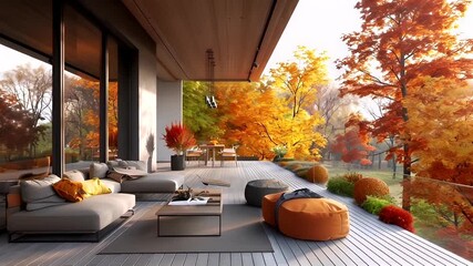 3D architectural rendering of modern outdoor living space with wooden deck and autumnal trees.