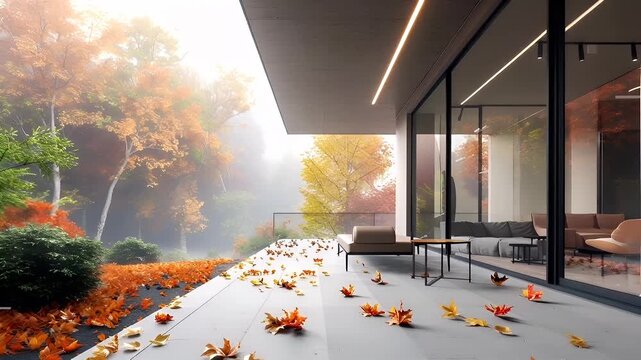 A modern architectural rendering of a house with a serene, autumnal setting. The main subject is a living area with a sofa and a table, surrounded by autumn leaves on the ground.