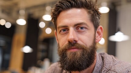 Confident bearded man portrait in modern office workspace with warm lighting