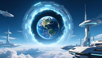 Celestial Gateway: Earth, seen through a futuristic portal, set amidst a cityscape of advanced technological buildings and aircrafts, symbolizing a convergence of the world and future horizons. 