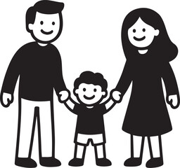 A family of three holding hands together happily Iconic representation line art silhouette vector illustration