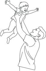 Happy dad play his child into the air line art