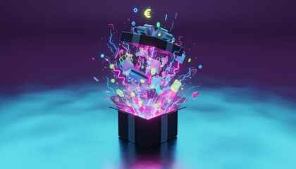 Explosive neon glow of digital shopping icons, credit cards, and currency symbols bursts from an open gift box, representing online rewards, surprise offers.