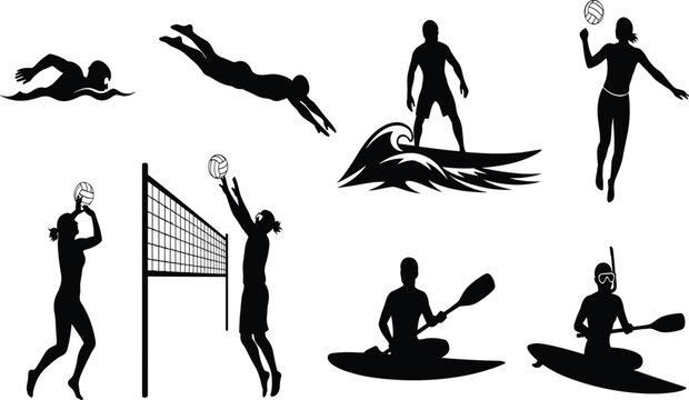 Silhouette of people playing water sports and beach volleyball, swimming, surfing, kayaking, active summer beach lifestyle, fitness, adventure, recreation, teamwork - Powered by Adobe