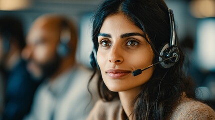 Close-up of focused customer service representative with headset in call center