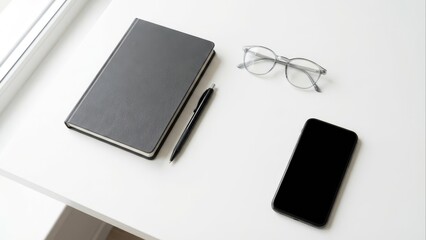 Minimalist White Desk Workspace with Black Notebook, Pen, Eyeglasses, and Smartphone - Top View of Professional Essentials for Productivity