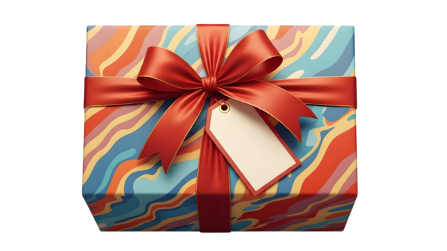 Colorful gift box with red ribbon and blank tag on black background
