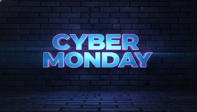 Vibrant neon 'cyber monday' text sign glowing with blue and pink light against a textured brick wall background, perfect for online sales, e-commerce promotions and discounts.