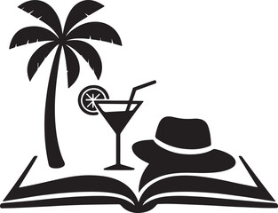 Palm tree, cocktail, and hat with open book silhouette vector