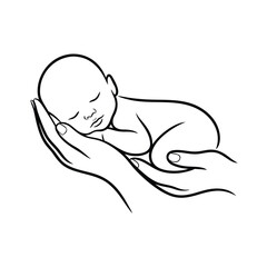 Newborn baby sleeping peacefully in gentle hands outline drawing