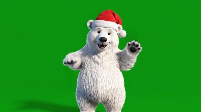 Cartoon polar bear wearing Santa hat dancing cheerfully on a green screen background  