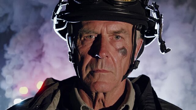 Senior firefighter looks into distance with soot on face. Uniform shows signs of recent rescue. Firefighter stands in front of smoke. Hero wears helmet. Rescue background with smoke and lights.