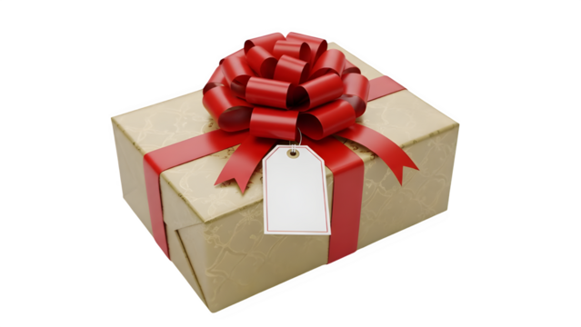 Brown paper gift box with red ribbon and blank white tag isolated