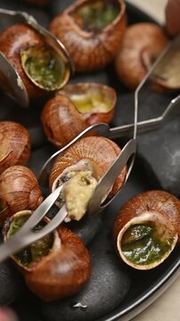 French stuffed snails in shells served on black stones. Close-up food video showing the dish on a plate and a fork taking one snail
