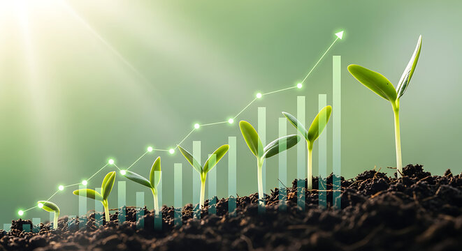 Rising plant growth with increasing graph symbolizes business progress - Powered by Adobe