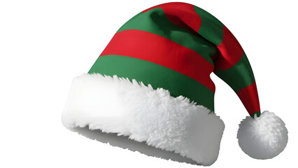 Festive elf hat with red and green stripes isolated on black background