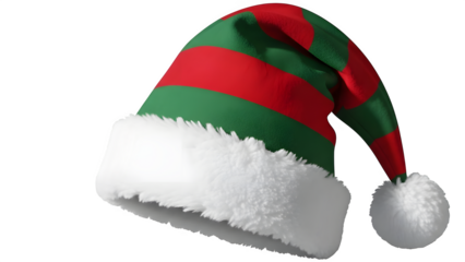 Festive elf hat with red and green stripes isolated on black background