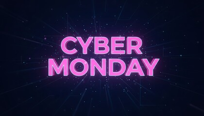 Cyber monday digital promotion banner featuring glowing pink text on a futuristic dark background, ideal for online shopping sales and exclusive deals.