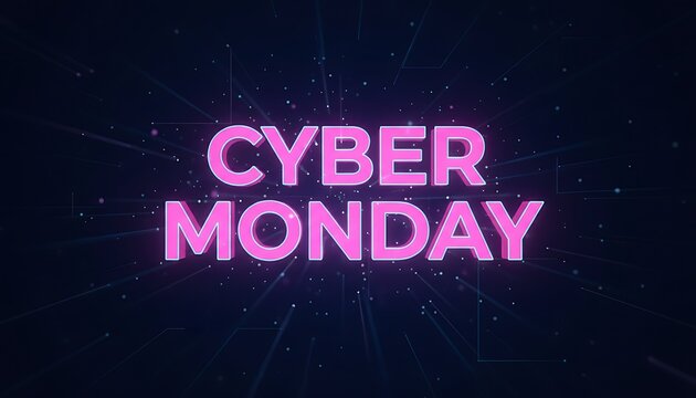 Cyber monday digital promotion banner featuring glowing pink text on a futuristic dark background, ideal for online shopping sales and exclusive deals.