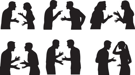 Set of people arguing silhouette illustration. Two people discuss in various pose. Men and women talking in black color.