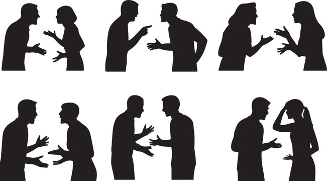 Set of people arguing silhouette illustration. Two people discuss in various pose. Men and women talking in black color.