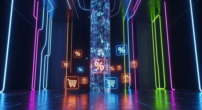 A futuristic digital shopping experience is illuminated by vibrant neon lights, showcasing a central data pillar and floating e-commerce icons of sales.