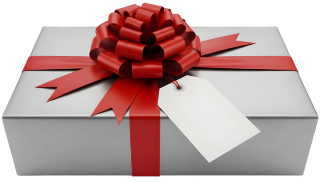 White gift box with red ribbon and bow blank tag for message