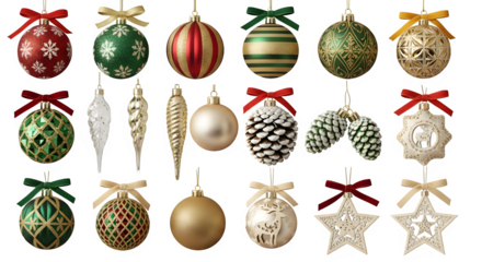 Collection of vintage christmas ornaments with ribbons on a black background
