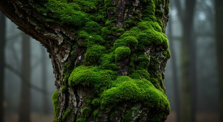 Obraz premium Close-up of a tree trunk with vibrant green moss, in a foggy forest
