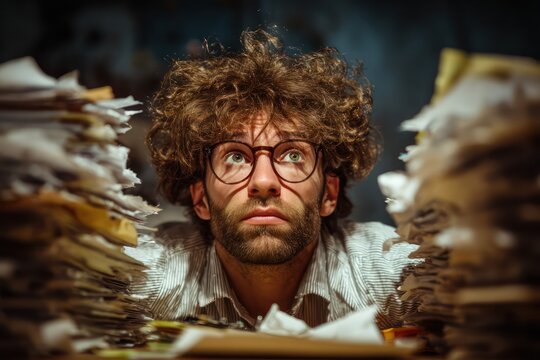 Exhausted Office Worker Staring at Unfinished Paperwork Stack
