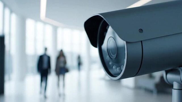 Modern Surveillance Camera Monitors Business People Walking in Bright Office Lobby