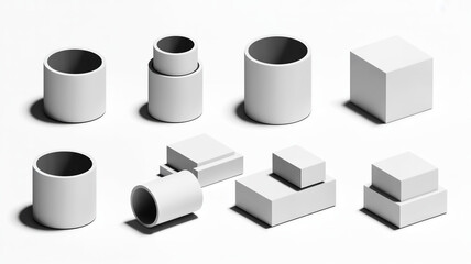 3D render of white geometric shapes on white background, soft shadows