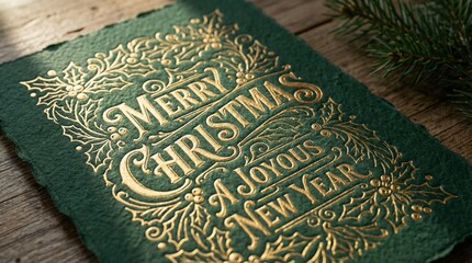 Elegant gold foil holiday greeting card announces merry christmas joyous new year