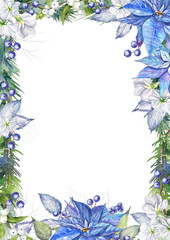 Watercolor Christmas frame with hand-painted blue poinsettias, white matthiola, berries, fir branches, and silver elements on a transparent background.