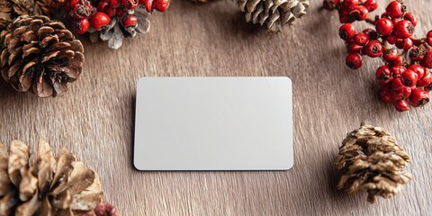 Fototapeta premium An overhead shot of a blank, matte gift card mockup resting on a clean, rustic wooden table surrounded by scattered pine cones and red holly berries