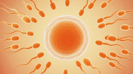 Vibrant illustration of fertilization with sperm cells swimming towards a human egg cell, a powerful visual for medical, reproductive health, and educational content.