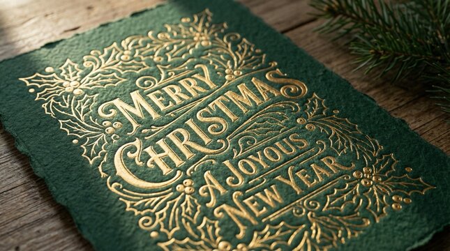 Elegant gold foil holiday greeting card announces merry christmas joyous new year