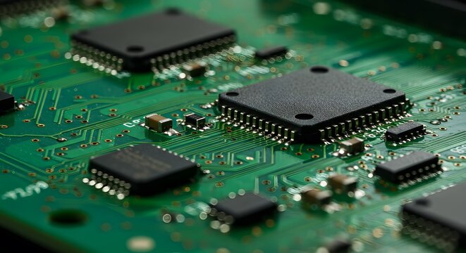 Close-up of a green electronic circuit board with various black microchips and components