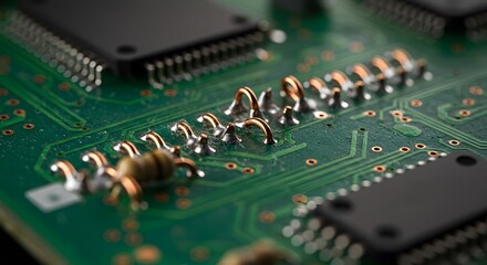 Close-up of a green circuit board with copper coils, chips, and electronic components