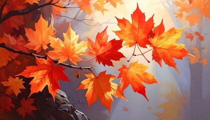 Vivid maple leaves adorn a branch with light background creating a warm, autumnal ambiance