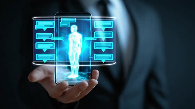 Digital health interface on smartphone displaying human body hologram and medical data. modern healthcare technology innovation.