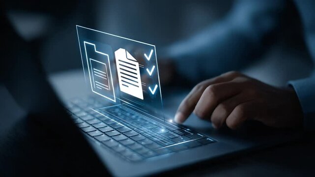 Digital document management system with user interacting on laptop keyboard showing file icon and completion checkmarks.